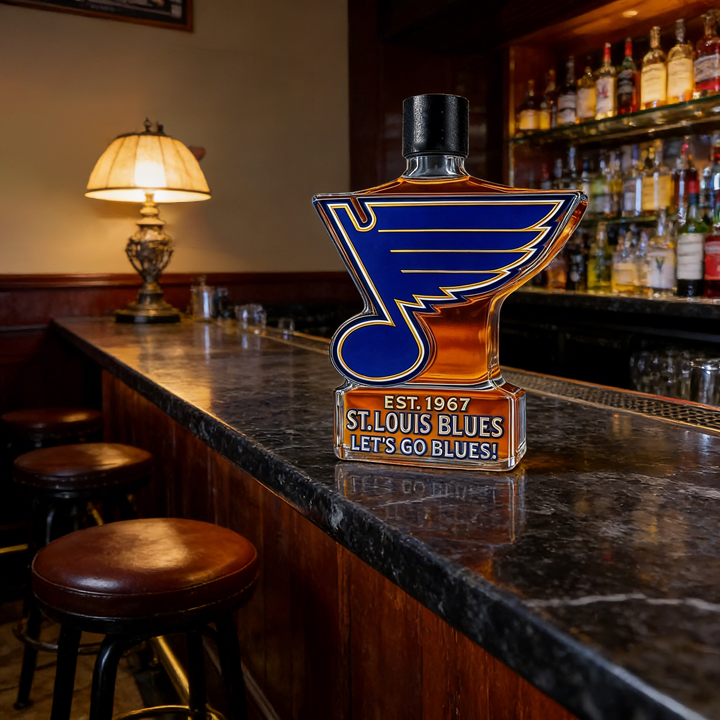 St. Louis Blues Let’s Go Blues Whiskey Bottle - A Sculpted Tribute to St. Louis Hockey