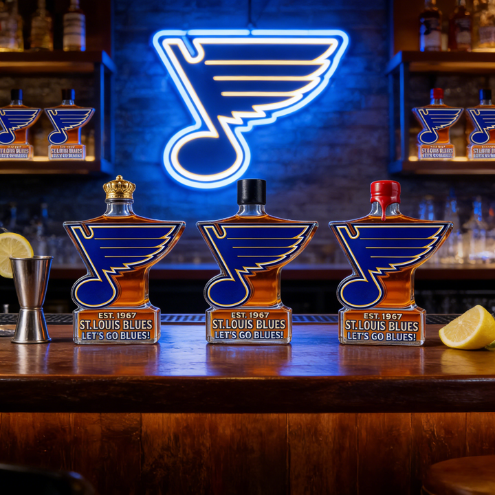St. Louis Blues Let’s Go Blues Whiskey Bottle - A Sculpted Tribute to St. Louis Hockey