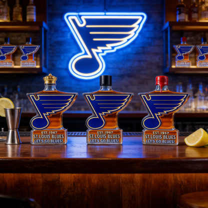 St. Louis Blues Let’s Go Blues Whiskey Bottle - A Sculpted Tribute to St. Louis Hockey