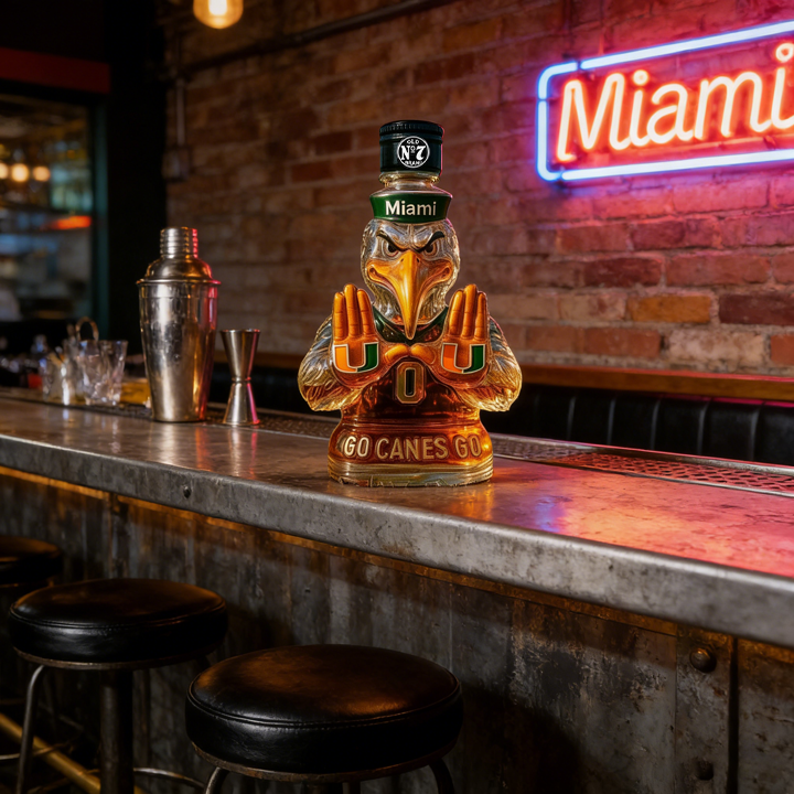 Miami Hurricanes Go Canes Go Whiskey Bottle - The One-And-Only Sebastian the Ibis