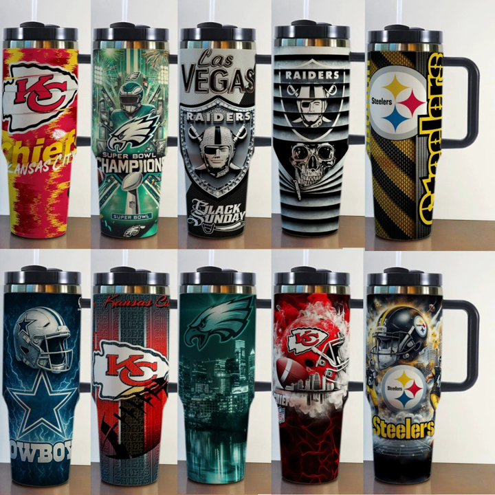 NFL Stainless Steel Tumbler with Handle and Straw - 40oz Double Wall Insulated Travel Mug with Lid