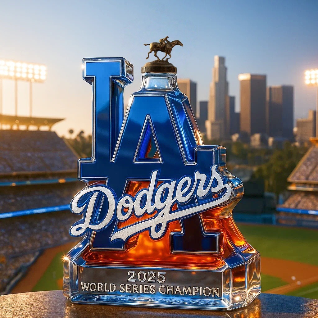 Celebrate the Los Angeles Dodgers winning the 2025 World Series championship whiskey bottle-Storyflask