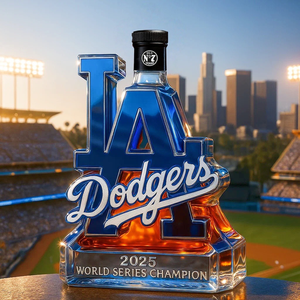 Celebrate the Los Angeles Dodgers winning the 2025 World Series championship whiskey bottle-Storyflask