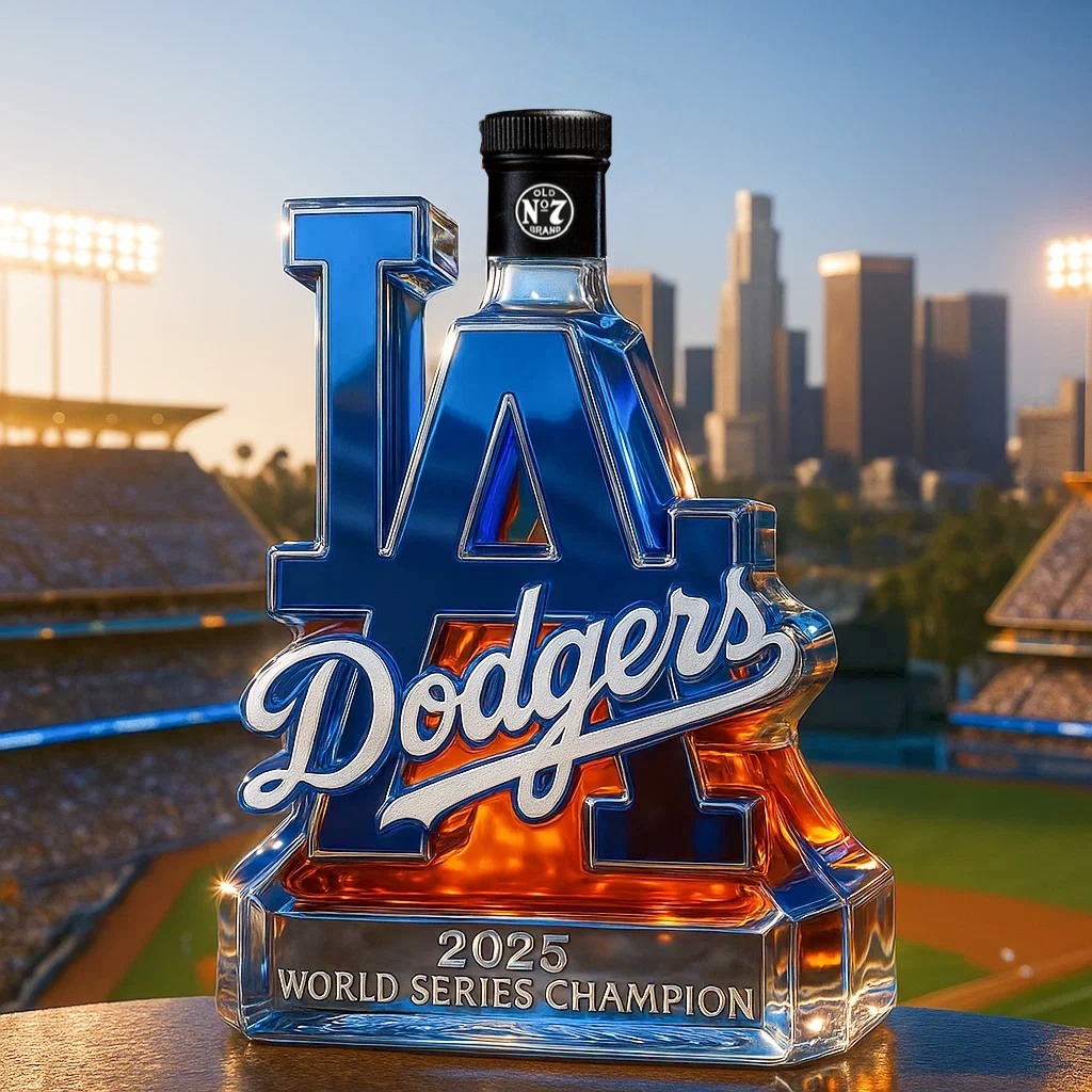 Celebrate the Los Angeles Dodgers winning the 2025 World Series championship whiskey bottle-Storyflask