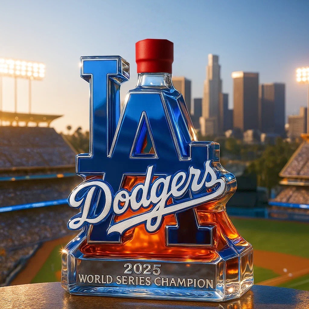 Celebrate the Los Angeles Dodgers winning the 2025 World Series championship whiskey bottle-Storyflask