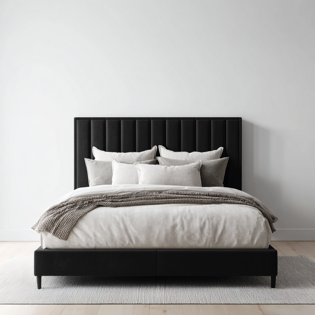 Lit double tissu 200x160x115 cm - noir - adapté à la chambre - design contemporain-Quietixe