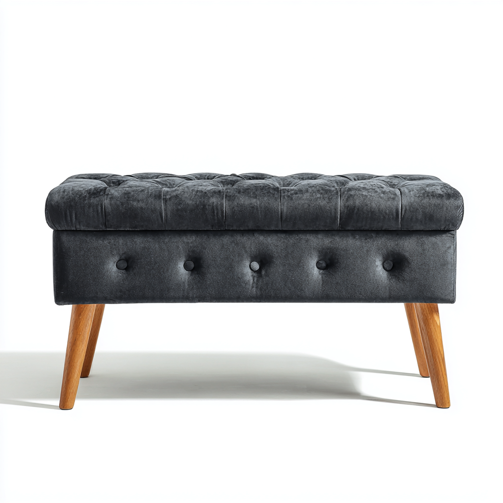 Banc d'entrée Velours-Bois 95x40x48 cm - Gris foncé-Bois naturel - Design capitonné-Quietixe