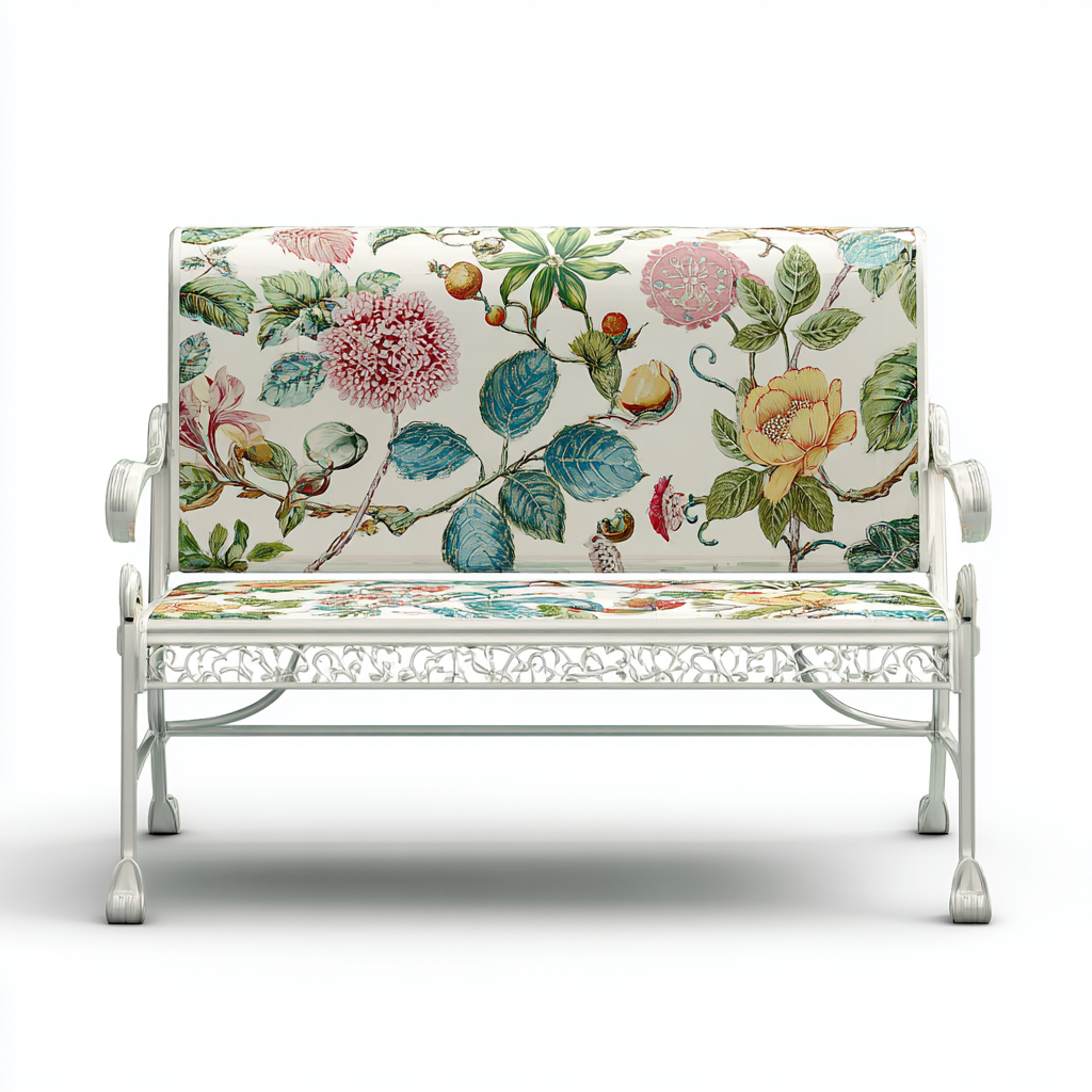 Banc de jardin métal et tissu 110x60x90 cm - blanc-multicolore - style décoratif - pour extérieur-Quietixe