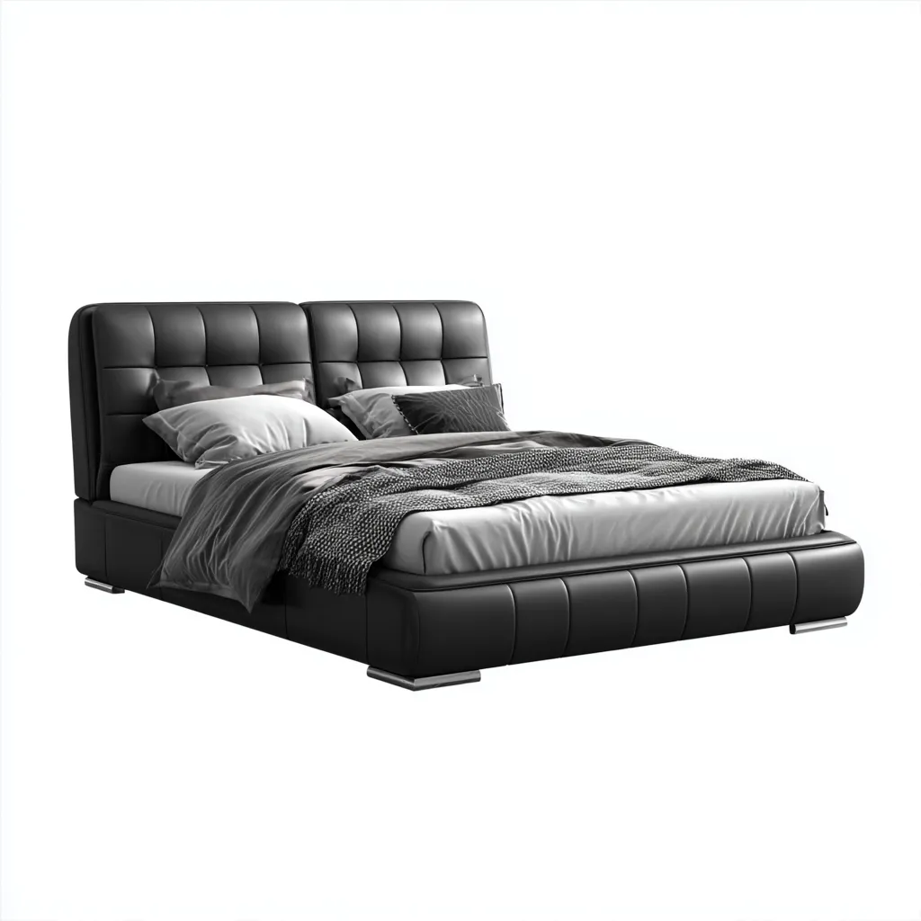 Lit double cuir 215x165x105 cm - noir - design moderne-Quietixe