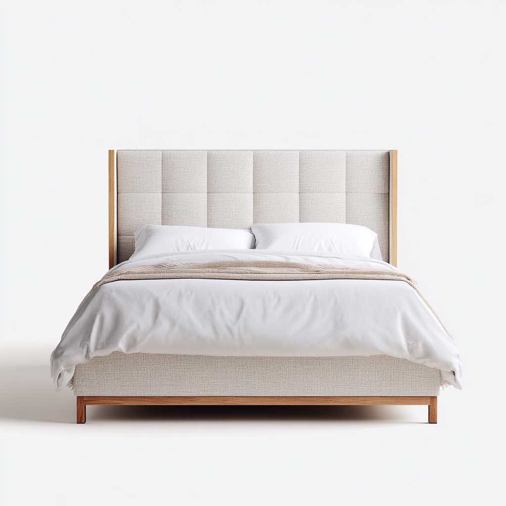 Lit double Tissu-Bois massif 200x160x115 cm - Beige-Bois naturel - Design contemporain-Quietixe