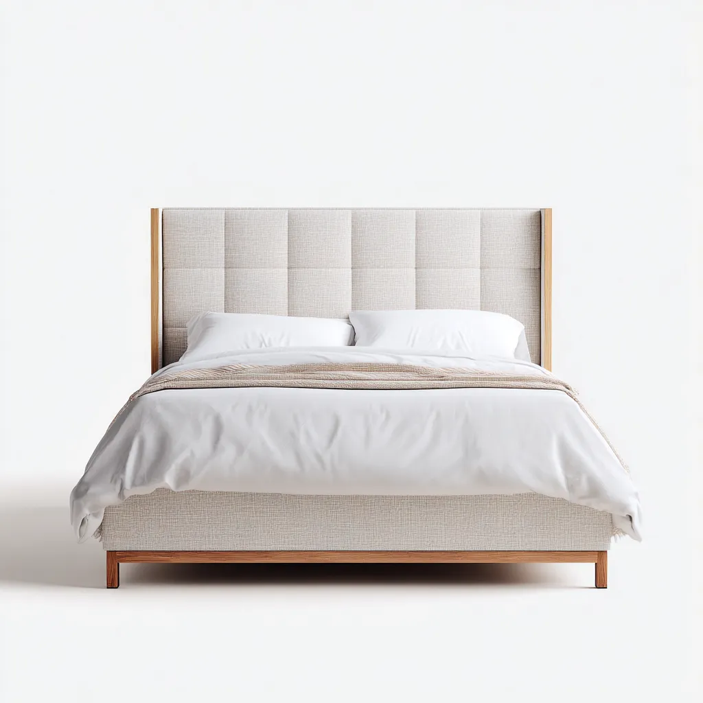 Lit double Tissu-Bois massif 200x160x115 cm - Beige-Bois naturel - Design contemporain-Quietixe