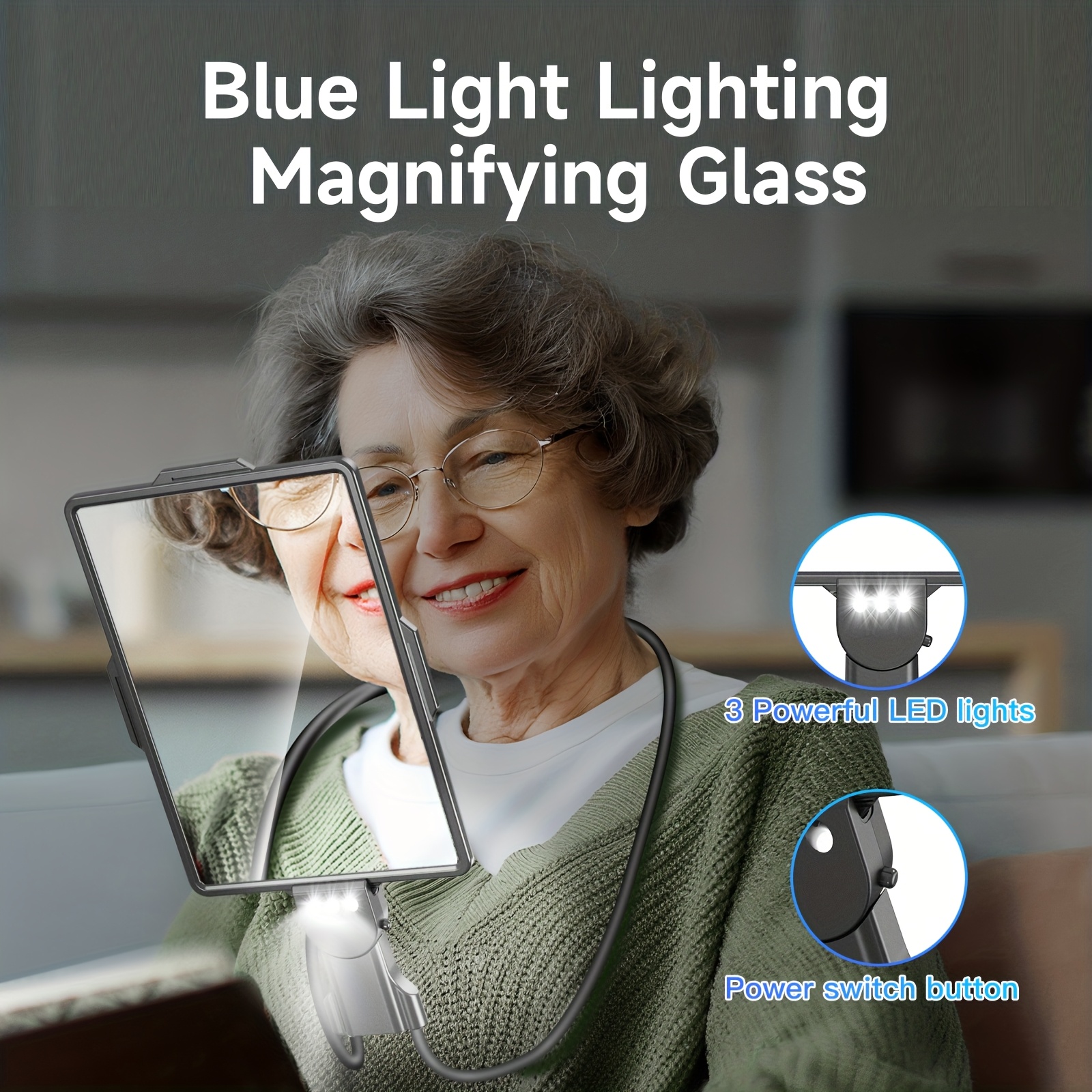 3-in-1 LED Reading Lamp with HD Magnifier and Flexible Gooseneck | Horizontal/Vertical Viewing Mode, Hands-Free, Tabletop, Neck-Hanging, or Handheld Use, Powered by 2 AAA Batteries, Plastic Material, Push Button Control.