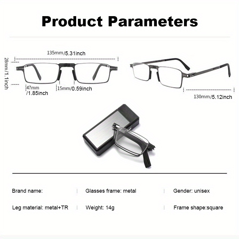 Portable Folding Reading Glasses, Iron Alloy Frame, Casual Style, with Protective Case, with Strength for Men & Women, for Computer Use & Travel