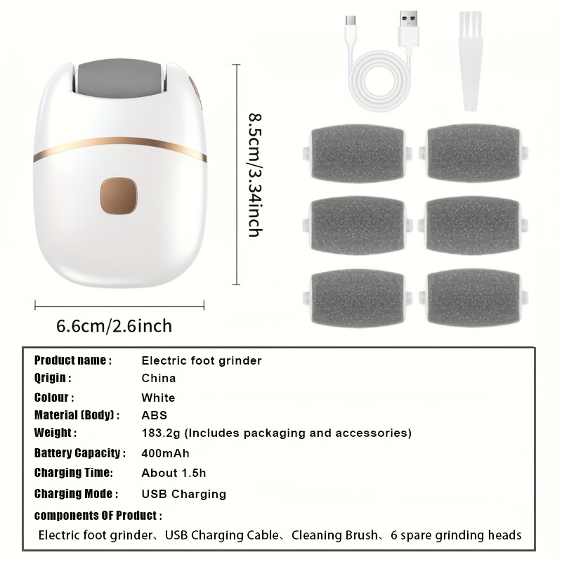Rechargeable Electric Foot Scrubber with 6 Interchangeable Heads for Removing Dead Skin And Polishing, Powered by USB, Featuring a Smooth Two-Tone Design (White And Golden) And an Ergonomic Handle for a Comfortable User
