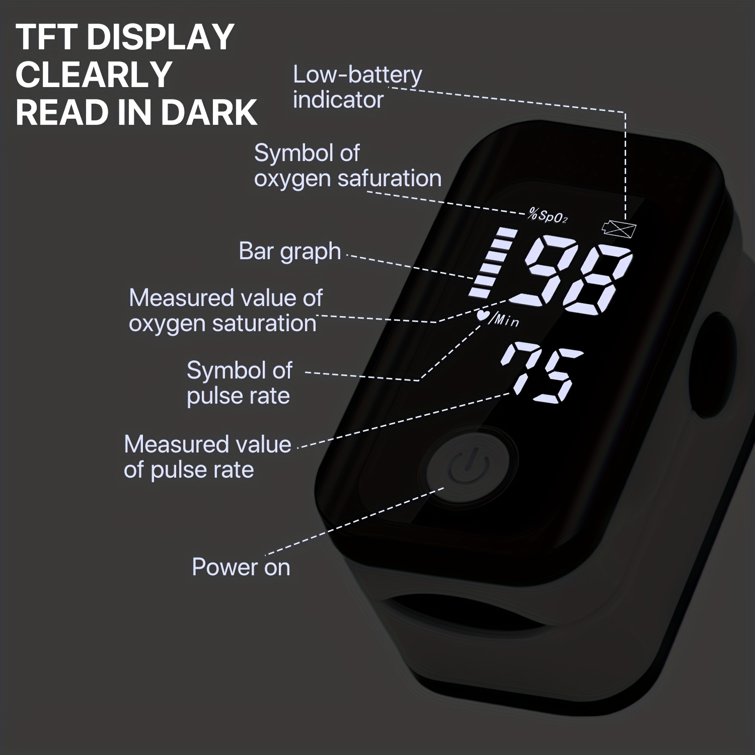 Fingertip Pulse Oximeter Measures Blood Oxygen Levels and Pulse Rate with One-Touch Operation, Featuring an OLED Display and Low-Value Warning Function.