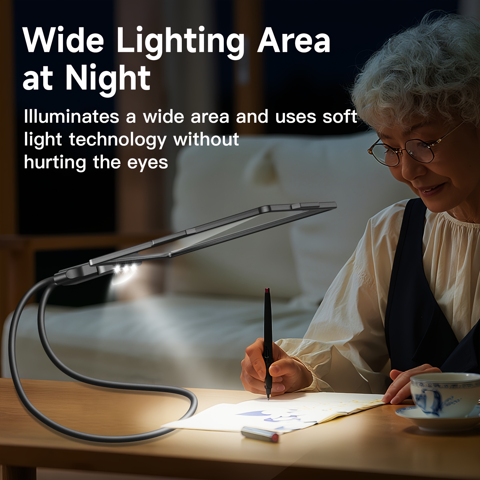 3-in-1 LED Reading Lamp with HD Magnifier and Flexible Gooseneck | Horizontal/Vertical Viewing Mode, Hands-Free, Tabletop, Neck-Hanging, or Handheld Use, Powered by 2 AAA Batteries, Plastic Material, Push Button Control.