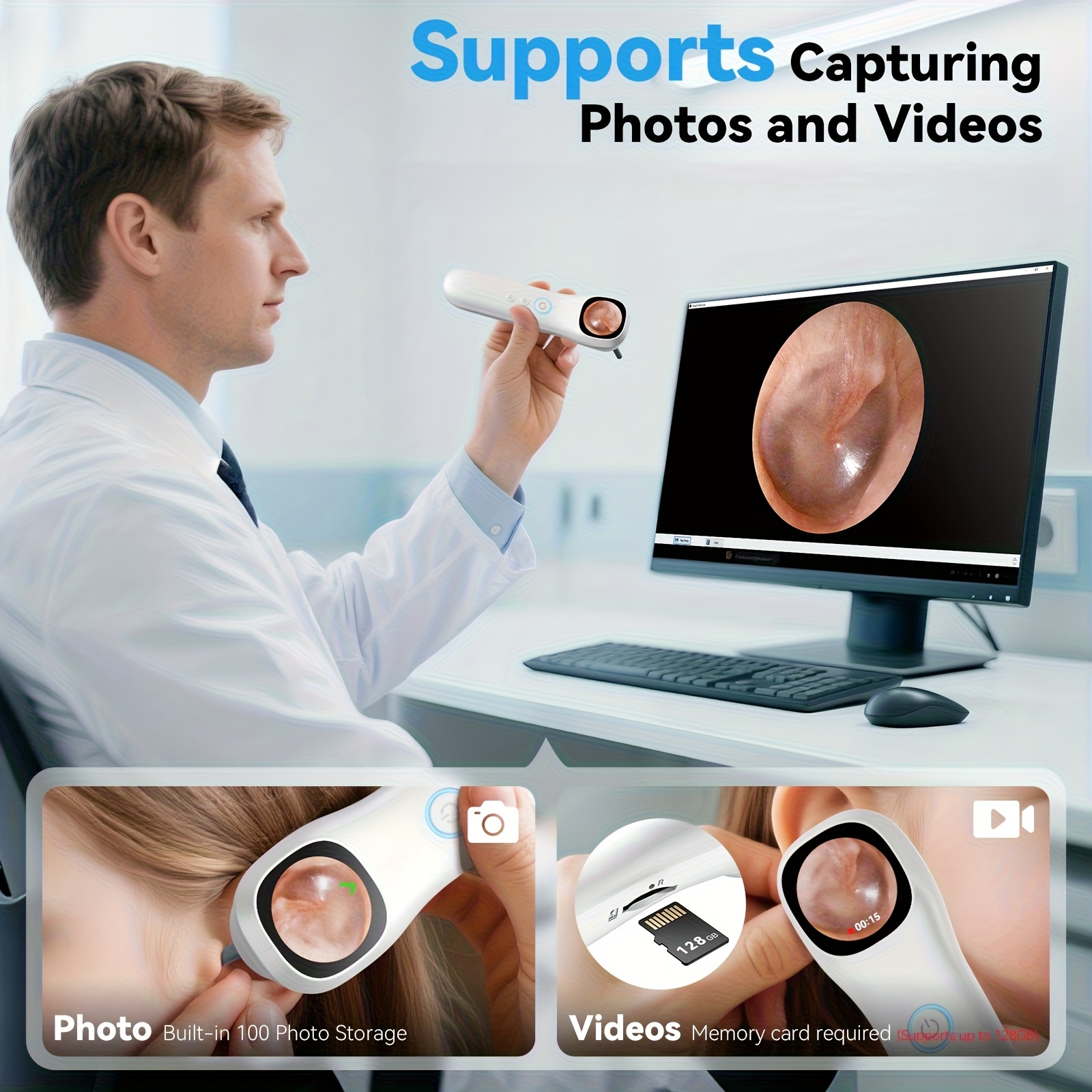 5-In-1 Intelligent Ear Canal Inspection Device with Display And In-Ear Camera - 3 Types of Attachments (Ear, Nose, Throat/Skin), USB Rechargeable, Suitable for Adults And Pets, Comes with 18 Replaceable Protective Covers