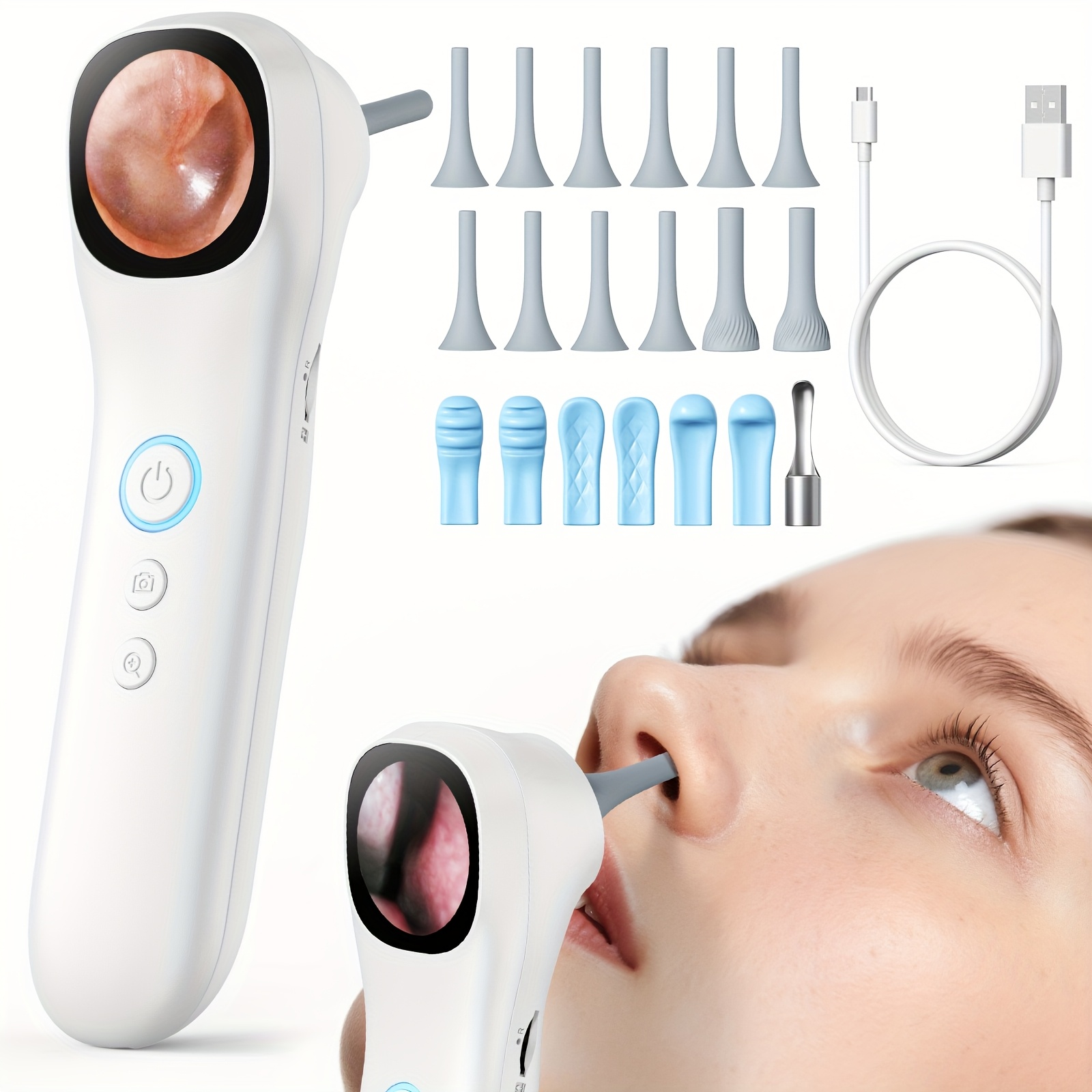 5-In-1 Intelligent Ear Canal Inspection Device with Display And In-Ear Camera - 3 Types of Attachments (Ear, Nose, Throat/Skin), USB Rechargeable, Suitable for Adults And Pets, Comes with 18 Replaceable Protective Covers