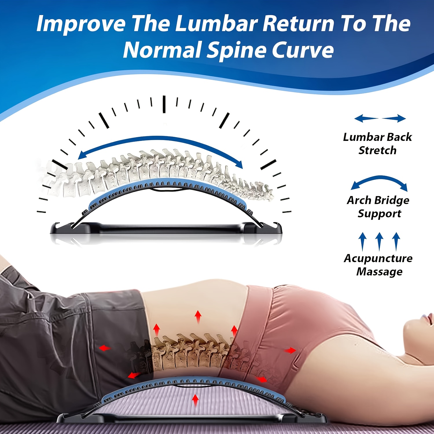 3-Level Adjustable Back Stretcher & Posture Corrector | Ergonomic Lumbar Support with Massage Function, Secure Grip Handles, for Upper & Lower Back, Office, Car, Home Use, Durable PP Construction.