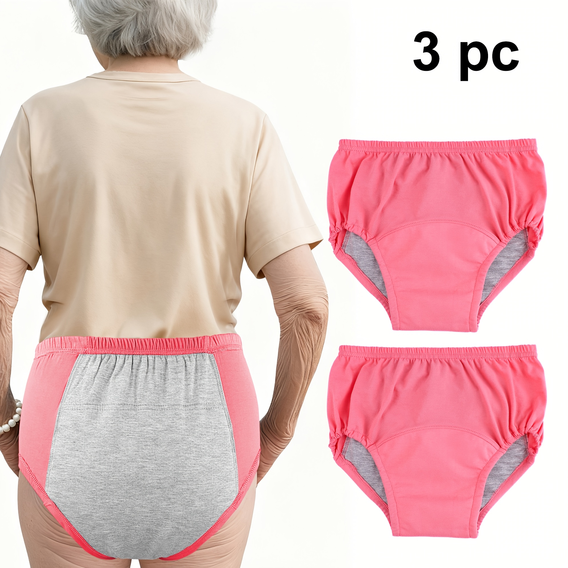 3pcs pink, Adult Protective Underwear, Super Absorbent - Washable Reusable Briefs for Adults, Soft, Breathable, Absorbent, Unisex, Casual Attire