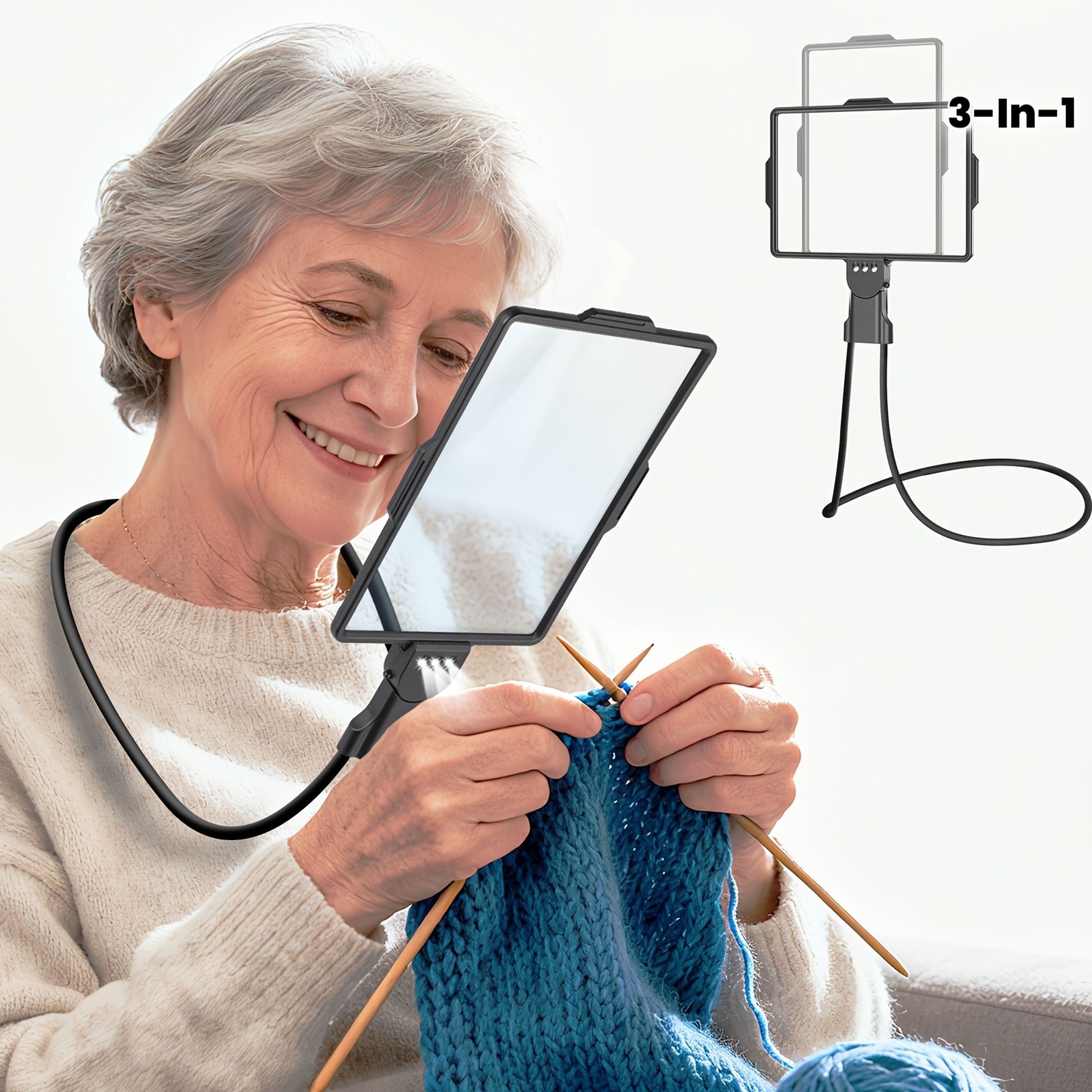 3-in-1 LED Reading Lamp with HD Magnifier and Flexible Gooseneck | Horizontal/Vertical Viewing Mode, Hands-Free, Tabletop, Neck-Hanging, or Handheld Use, Powered by 2 AAA Batteries, Plastic Material, Push Button Control.