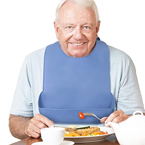 1 Pack Washable Silicone Adult Bib with Pocket Waterproof Clothing Protector Reusable Apron Mealtime Crumb Catcher for Eating Cloth for Elderly Seniors(21 x 14.2 Inch)