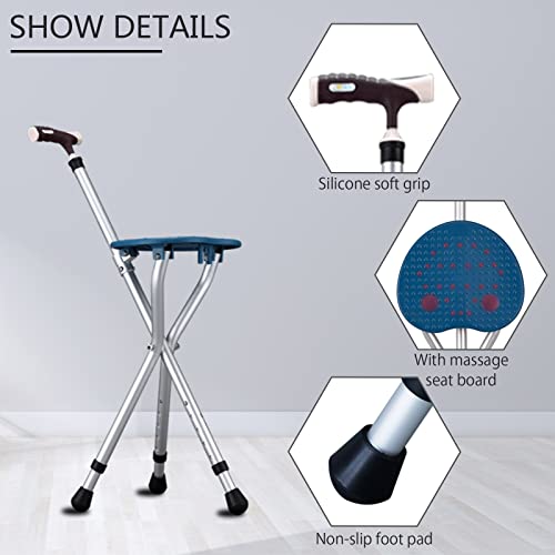 Walking Cane with Seat Aluminum Alloy Portable LED Floding Chair for Seniors Adult Height Adjustable Heavy Stick Stool for Elderly Gift