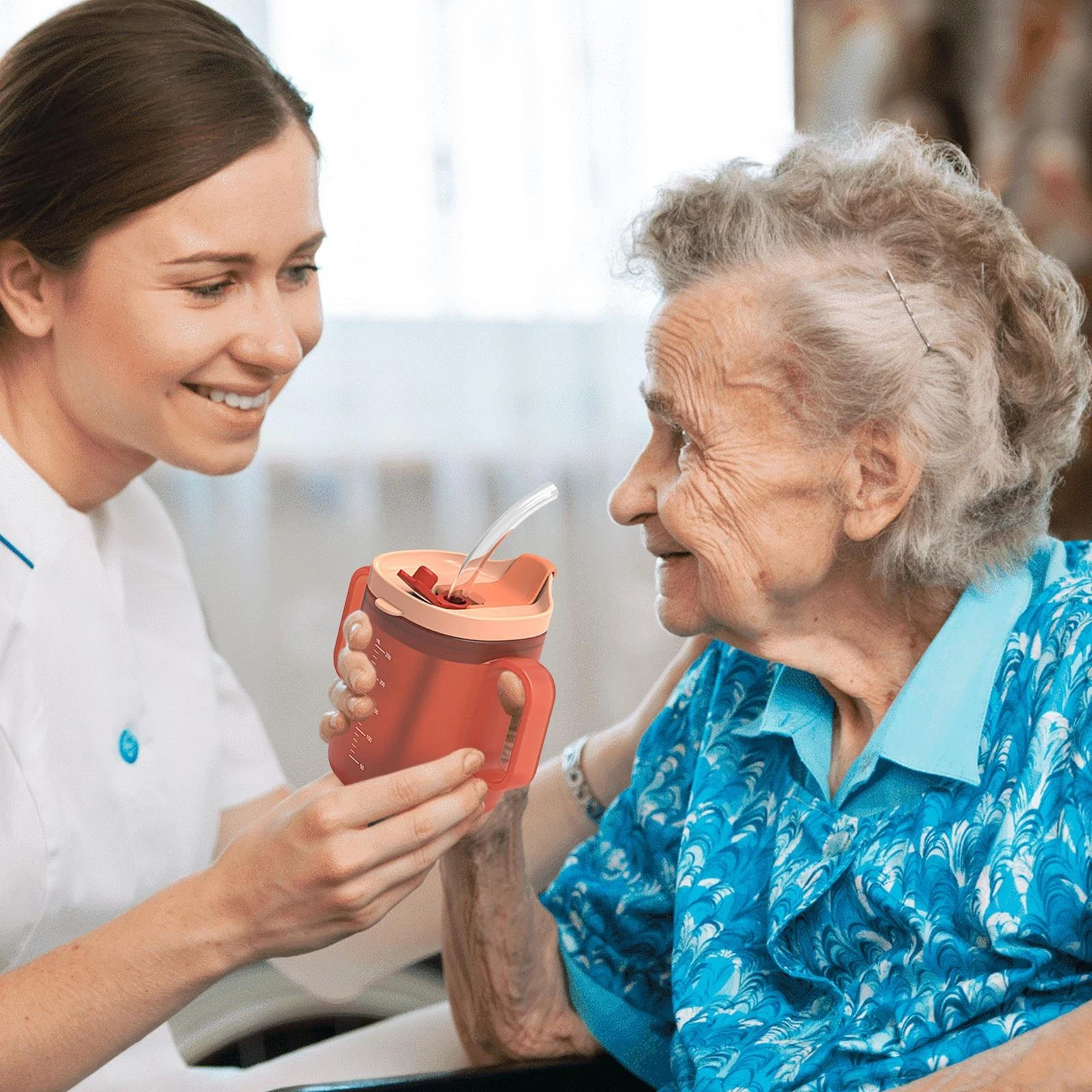 Double Handle Elderly Care Cup with Straw Dysphagia Regulating Cup