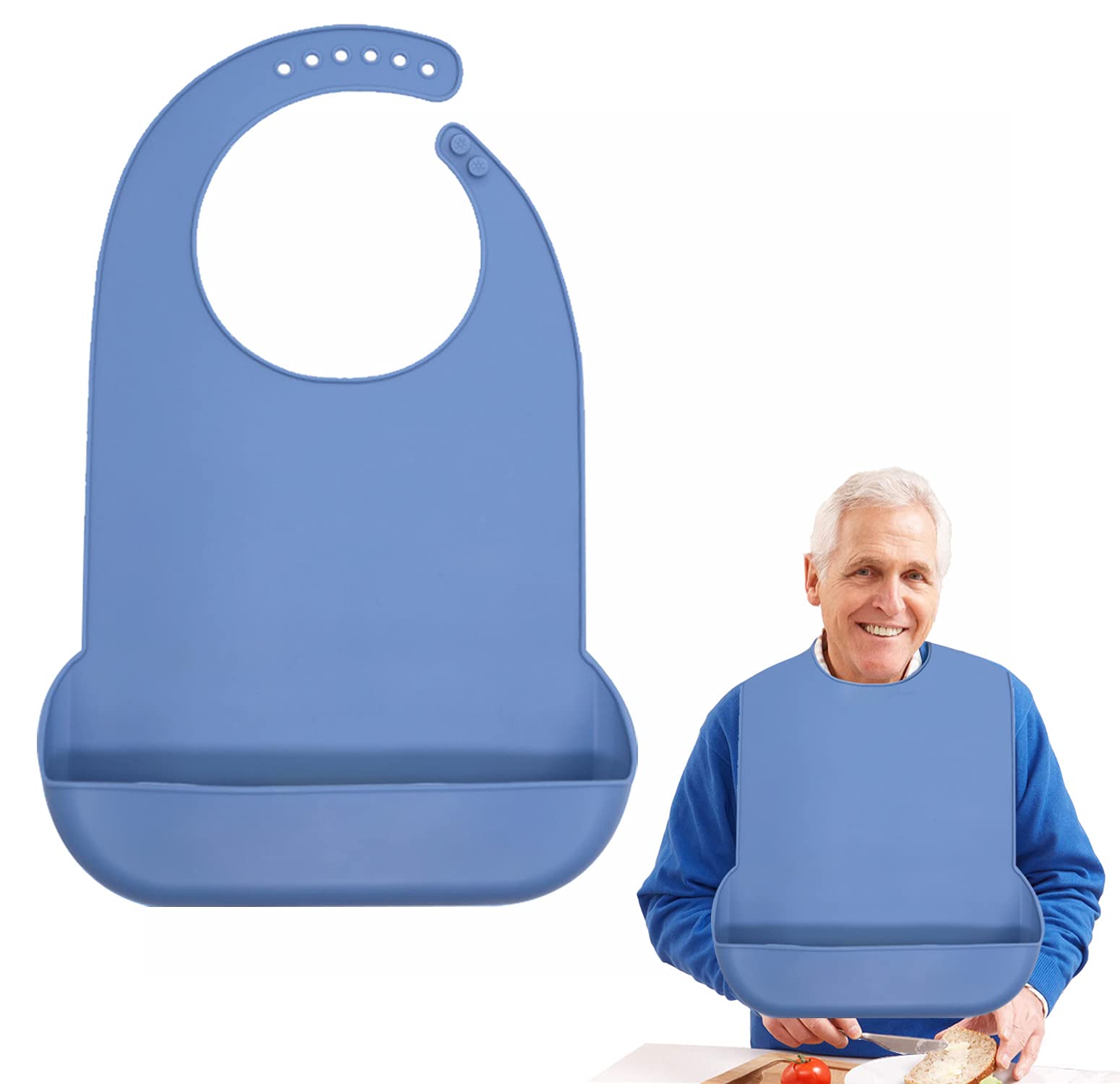 1 Pack Washable Silicone Adult Bib with Pocket Waterproof Clothing Protector Reusable Apron Mealtime Crumb Catcher for Eating Cloth for Elderly Seniors(21 x 14.2 Inch)
