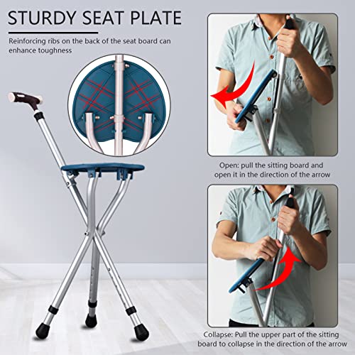 Walking Cane with Seat Aluminum Alloy Portable LED Floding Chair for Seniors Adult Height Adjustable Heavy Stick Stool for Elderly Gift