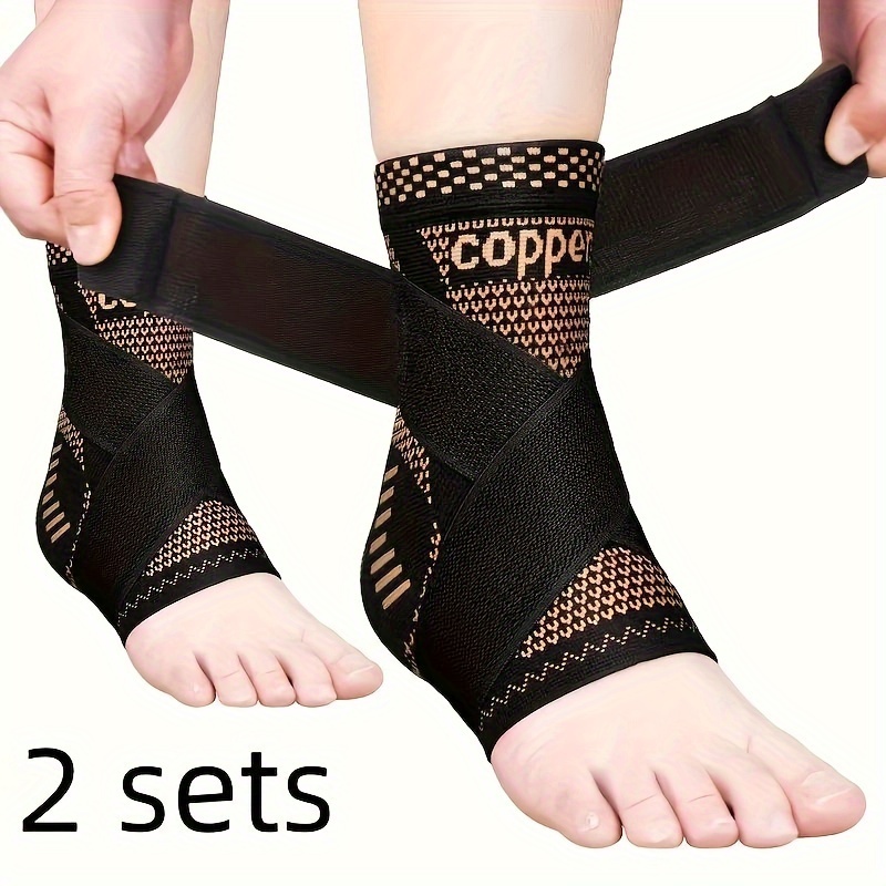 Set of 2 Adjustable Copper Ankle Supports Designed for High Elasticity And Compression, Ideal for And Fitness. Features a Removable Strap, Breathable Nylon Fabric, And Patella Tracking for Improved Stability. Hand Wash Only.