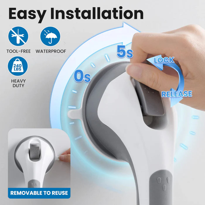 2 Pack Shower Grab Bars for Bathtubs and Showers, Easy to Install Suction Shower Handles for Bathroom Removable Handrails for Seniors Elderly Heavy Duty Safety Grip Waterproof Drill Free Gray