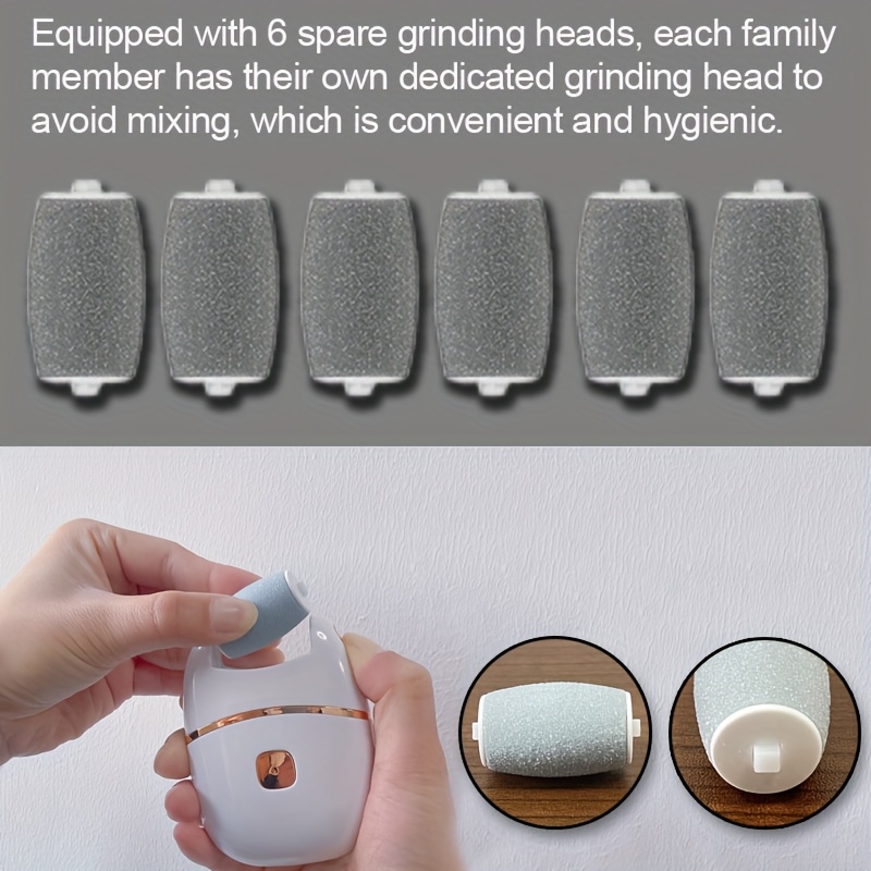 Rechargeable Electric Foot Scrubber with 6 Interchangeable Heads for Removing Dead Skin And Polishing, Powered by USB, Featuring a Smooth Two-Tone Design (White And Golden) And an Ergonomic Handle for a Comfortable User