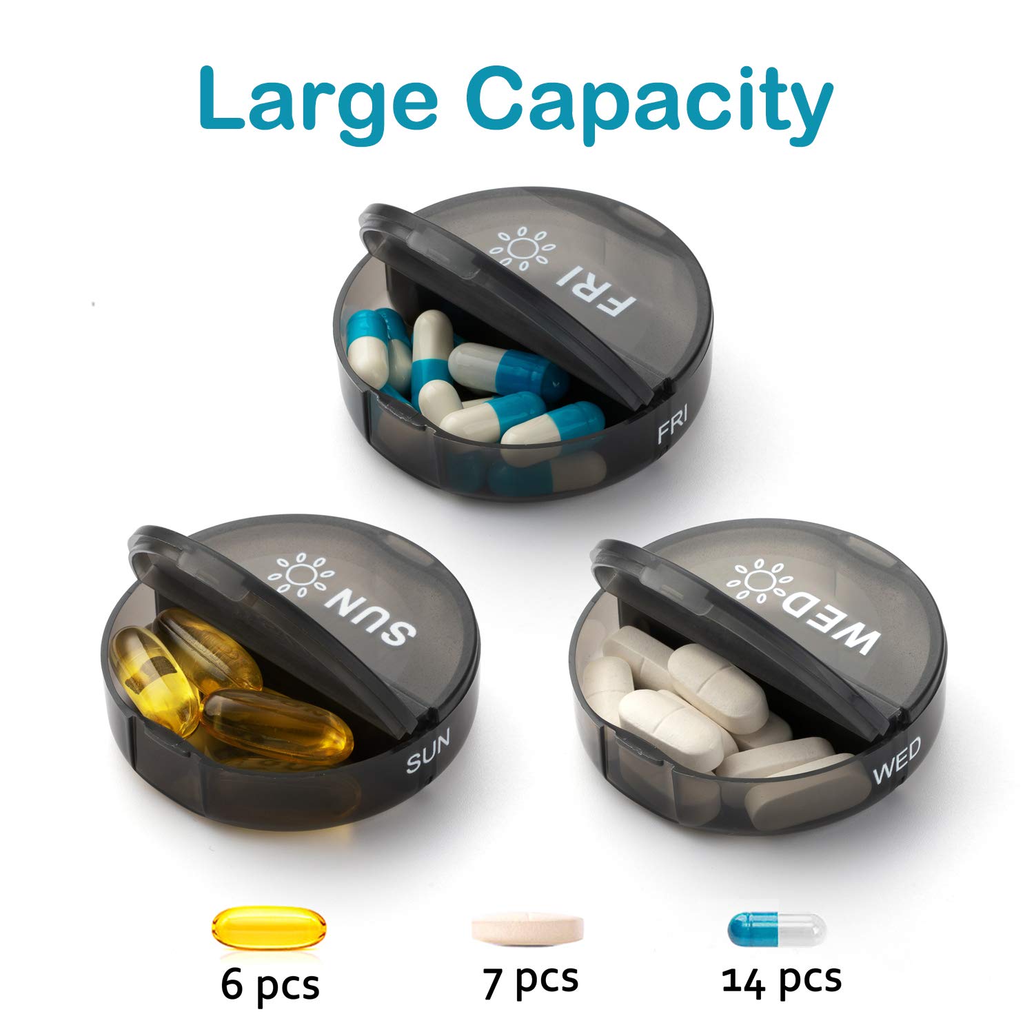 Weekly Pill Organizer 2 Times a Day, AM PM Large Daily Pill Box with PU Leather Case for Travel, Round Medicine Organizer, 7 Day Pill Container for Vitamin Fish Oils Supplement