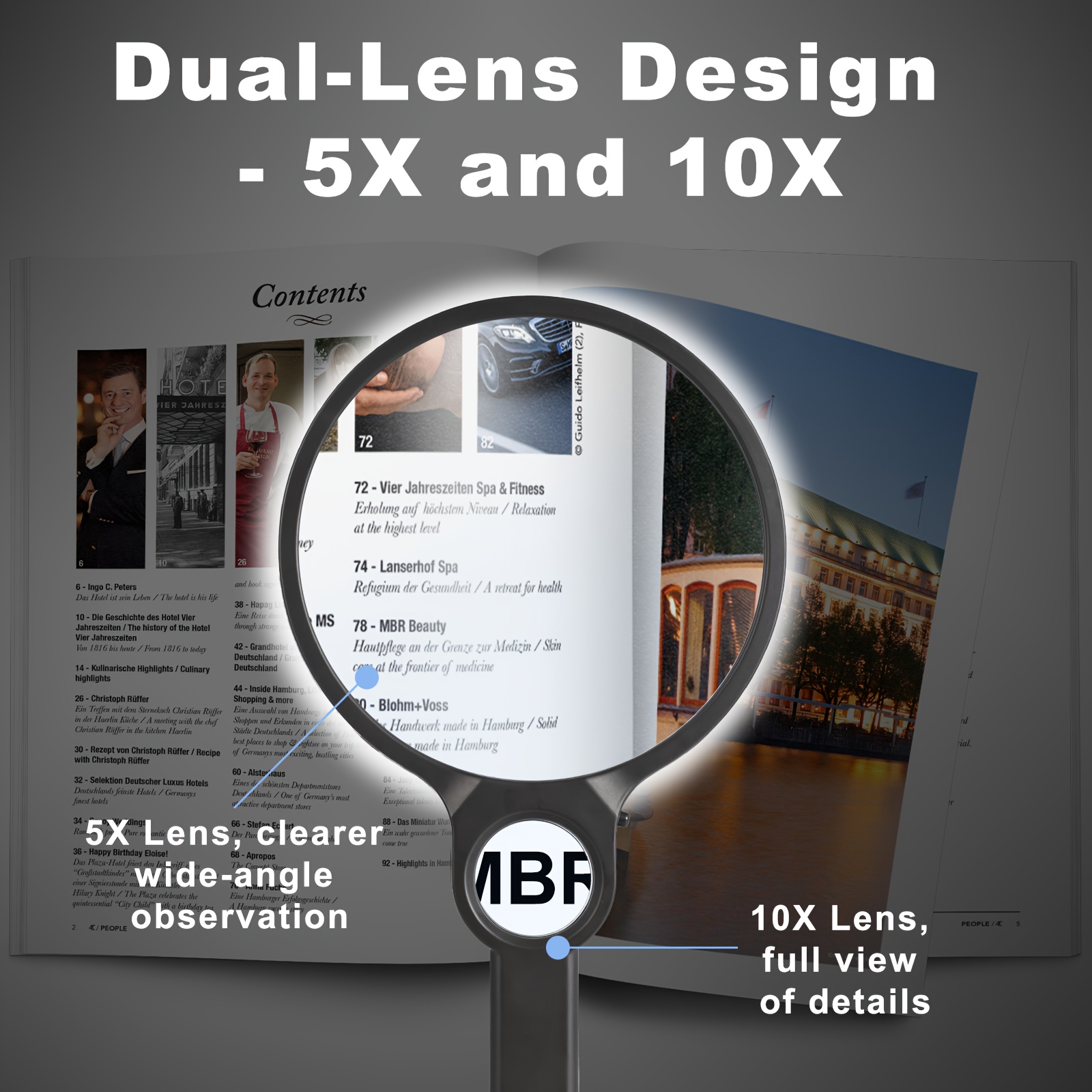 LED Reading Lamp portable and lightweight, offers reliable lighting for reading, studying, enhanced with dual lens 5X & 10X magnifier for close-up detail, battery powered with two AAA carbon batteries