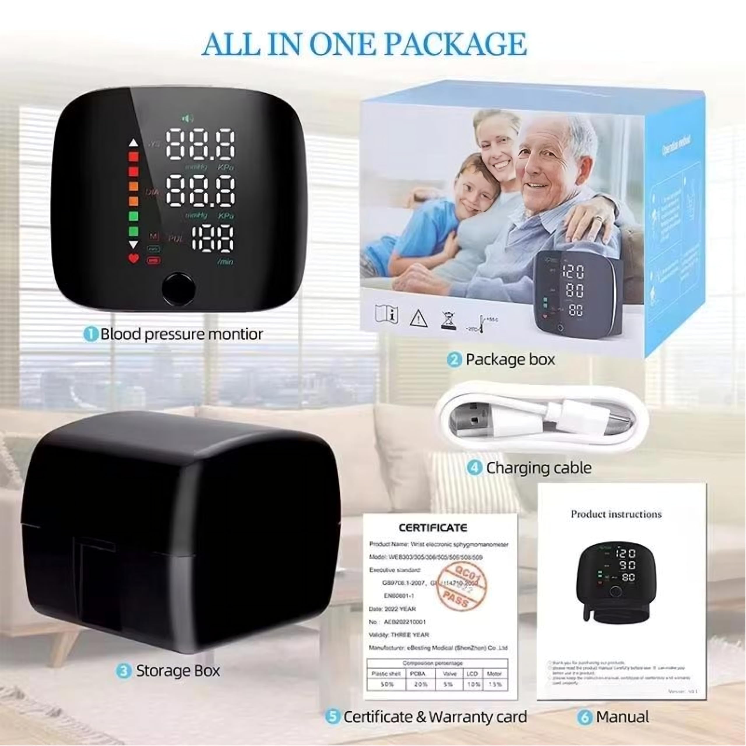 Digital Wrist Blood Pressure Monitor with Voice Guidance, LCD Display, Storage Box, 13.5-21.5 cm Adjustable Cuff