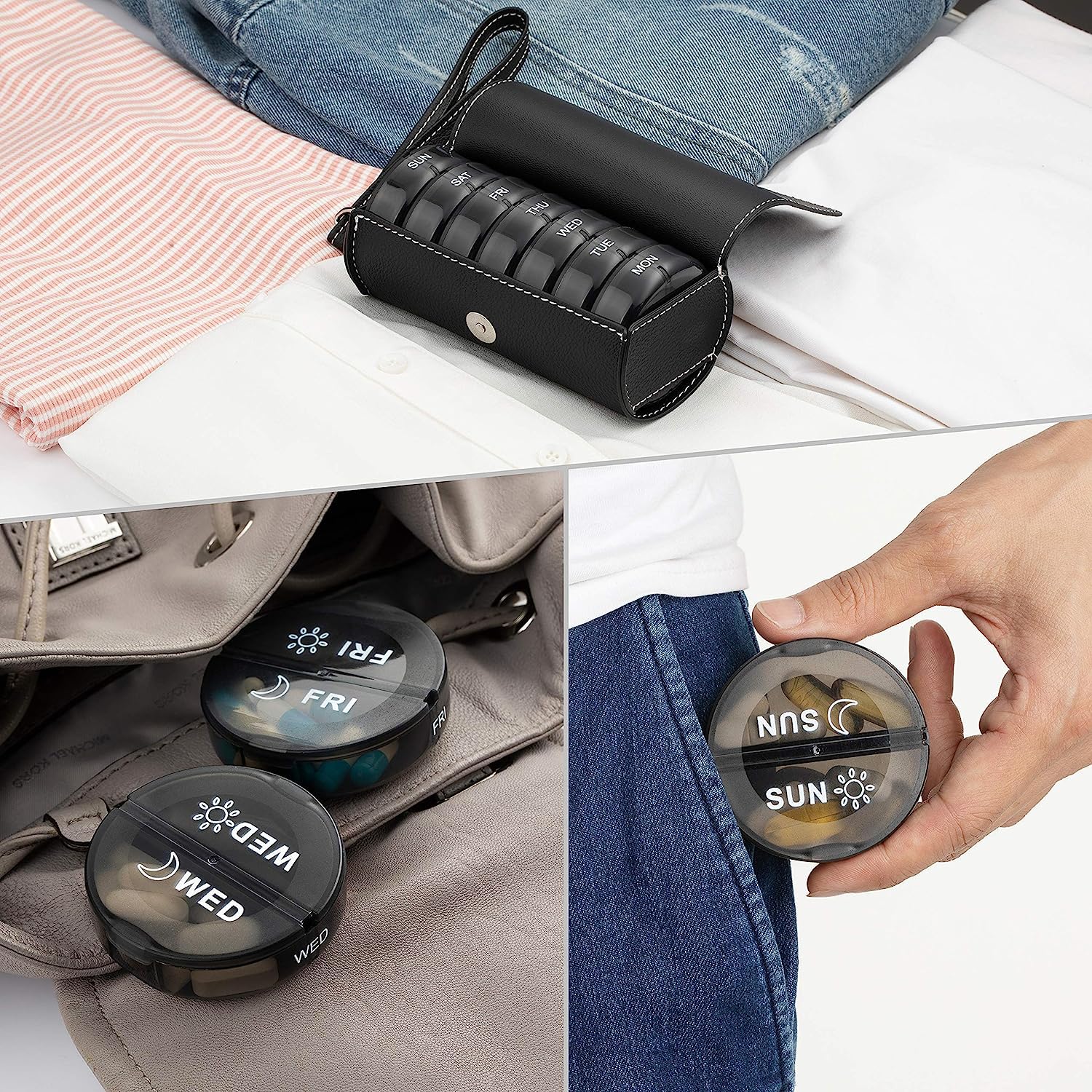 Weekly Pill Organizer 2 Times a Day, AM PM Large Daily Pill Box with PU Leather Case for Travel, Round Medicine Organizer, 7 Day Pill Container for Vitamin Fish Oils Supplement