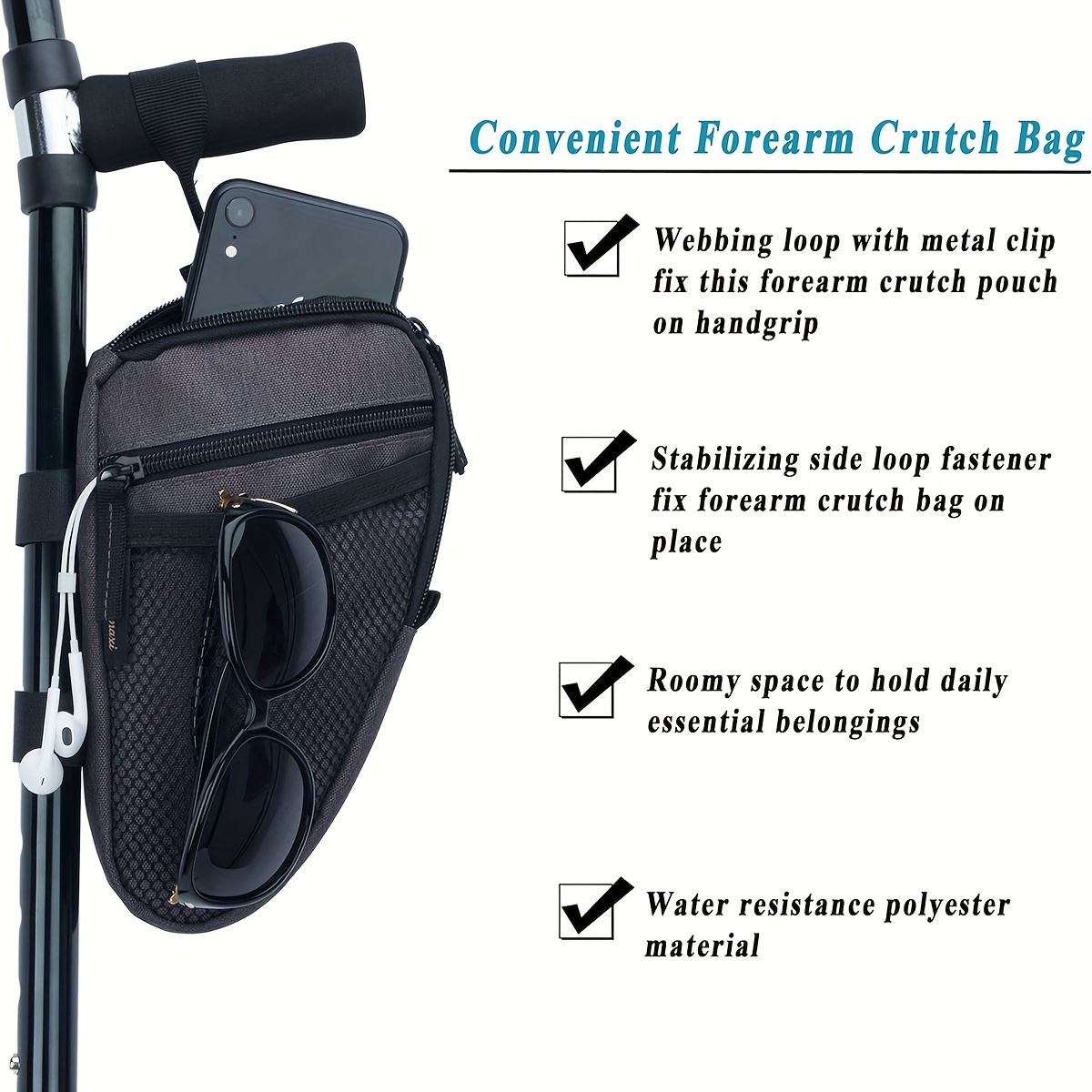 Lightweight Waterproof Forearm Crutch Bag with Mesh Pocket, Triangle Shape Storage Pouch for Daily Use Accessories Organization, Crutch Storage Solution | Mesh Pocket Design | Lightweight Bag