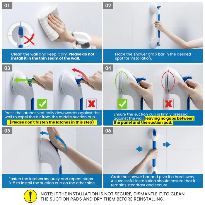 2 Pack Shower Grab Bars for Bathtubs and Showers, Easy to Install Suction Shower Handles for Bathroom Removable Handrails for Seniors Elderly Heavy Duty Safety Grip Waterproof Drill Free Gray