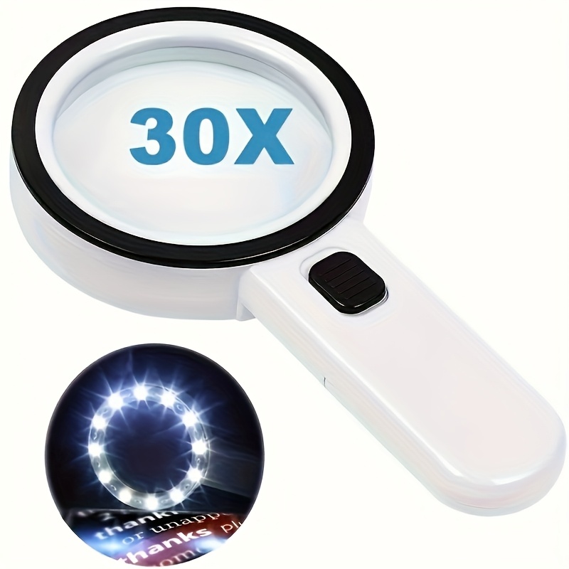 30X High-Power Handheld Magnifier - LED Light Battery-Powered Illuminated Magnifier - Perfect for Seniors with Macular Degeneration, Reading, Inspecting, Coins, And Jewelry