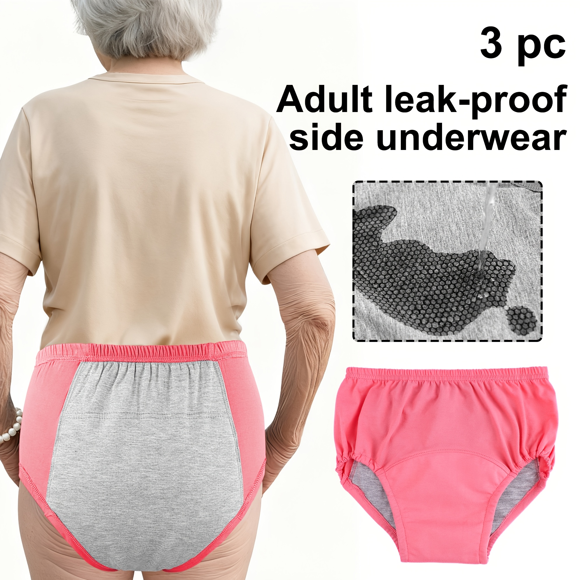 3pcs pink, Adult Protective Underwear, Super Absorbent - Washable Reusable Briefs for Adults, Soft, Breathable, Absorbent, Unisex, Casual Attire