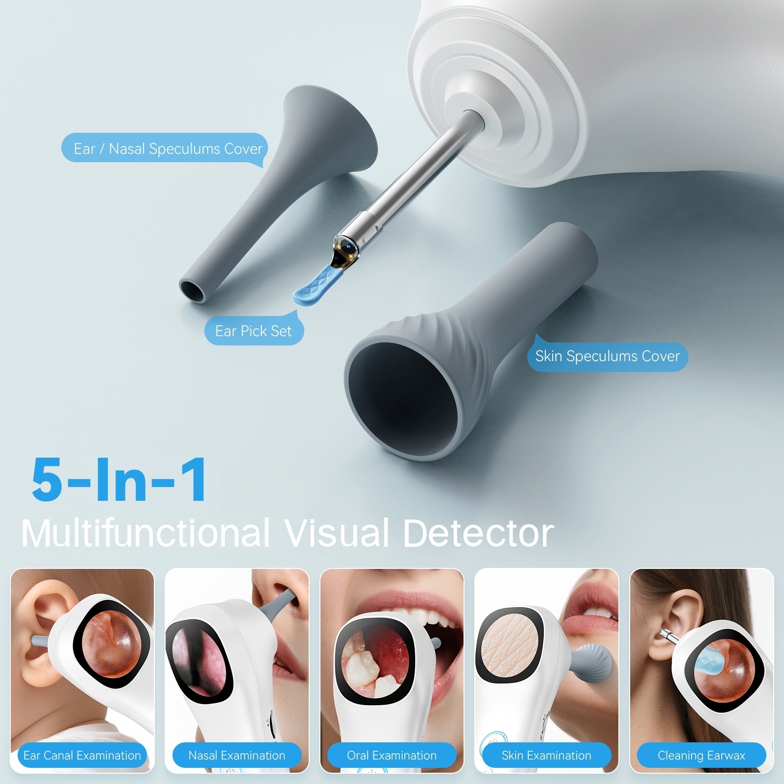 5-In-1 Intelligent Ear Canal Inspection Device with Display And In-Ear Camera - 3 Types of Attachments (Ear, Nose, Throat/Skin), USB Rechargeable, Suitable for Adults And Pets, Comes with 18 Replaceable Protective Covers