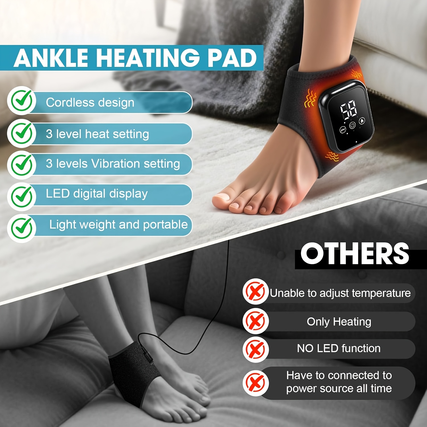 2pcs Wireless Foot and Ankle Massager with Portable Heating & Vibration, LCD Screen, USB, -Lasting Battery, Ergonomic Painless Massagers Suitable for, Ideal Gift for Seniors