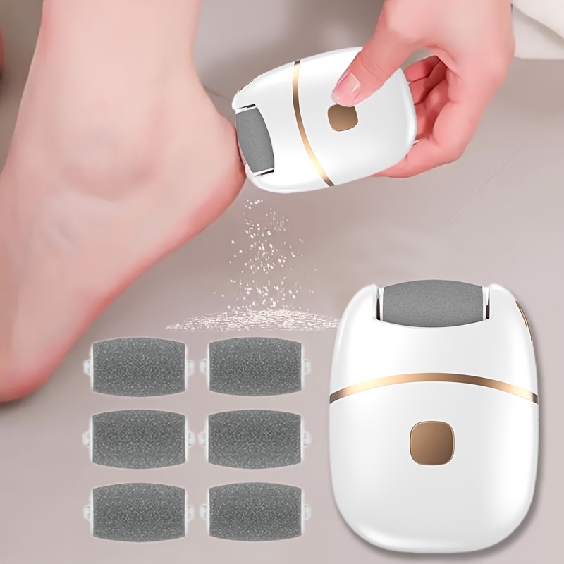 Rechargeable Electric Foot Scrubber with 6 Interchangeable Heads for Removing Dead Skin And Polishing, Powered by USB, Featuring a Smooth Two-Tone Design (White And Golden) And an Ergonomic Handle for a Comfortable User