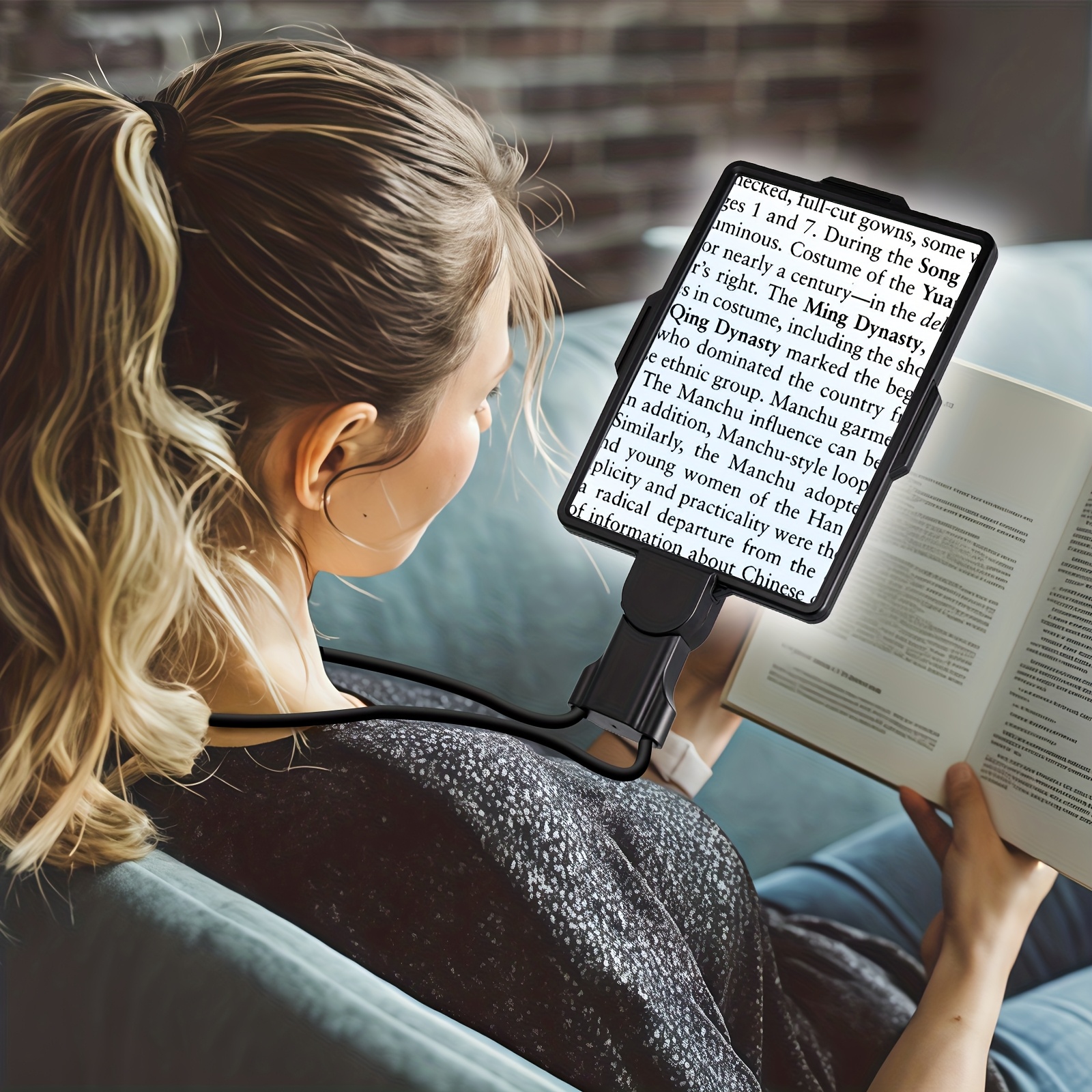 3-in-1 LED Reading Lamp with HD Magnifier and Flexible Gooseneck | Horizontal/Vertical Viewing Mode, Hands-Free, Tabletop, Neck-Hanging, or Handheld Use, Powered by 2 AAA Batteries, Plastic Material, Push Button Control.