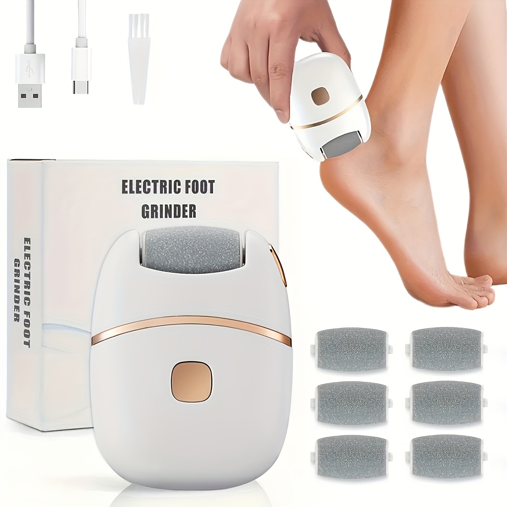 Rechargeable Electric Foot Scrubber with 6 Interchangeable Heads for Removing Dead Skin And Polishing, Powered by USB, Featuring a Smooth Two-Tone Design (White And Golden) And an Ergonomic Handle for a Comfortable User