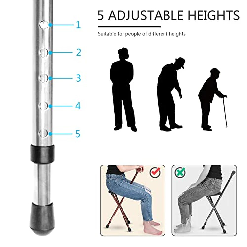 Walking Cane with Seat Aluminum Alloy Portable LED Floding Chair for Seniors Adult Height Adjustable Heavy Stick Stool for Elderly Gift
