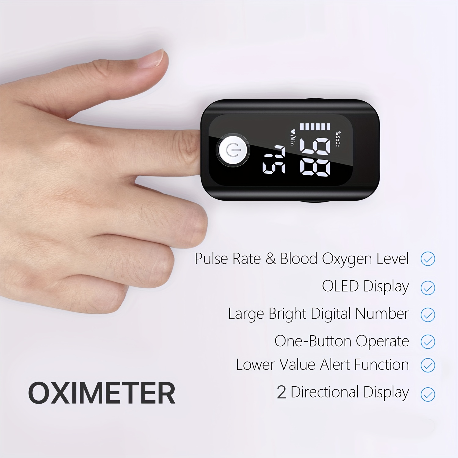 Fingertip Pulse Oximeter Measures Blood Oxygen Levels and Pulse Rate with One-Touch Operation, Featuring an OLED Display and Low-Value Warning Function.