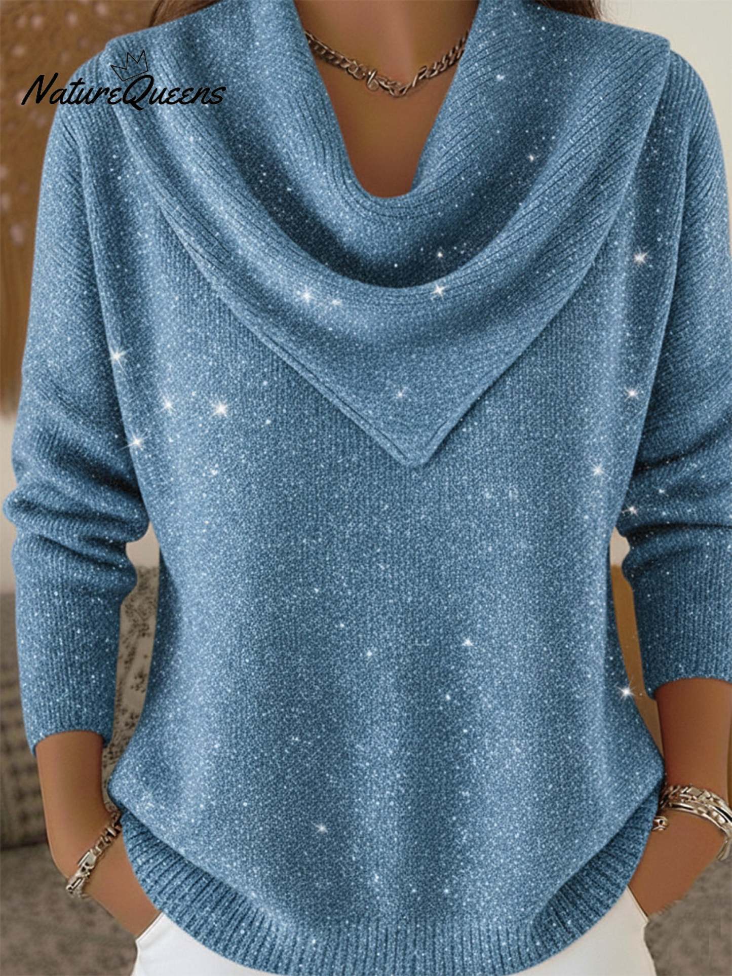 Vintage Soft Triangle Neck Sequined Shiny Sweater Top