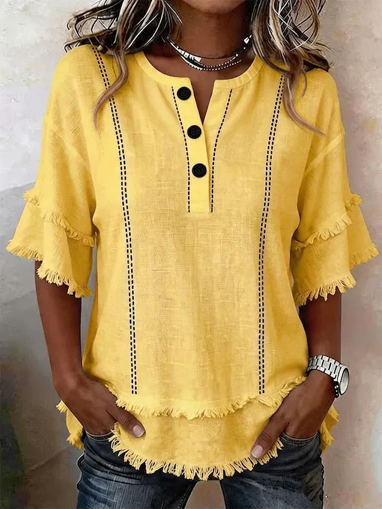Casual Frayed Linen And Cotton Shirt